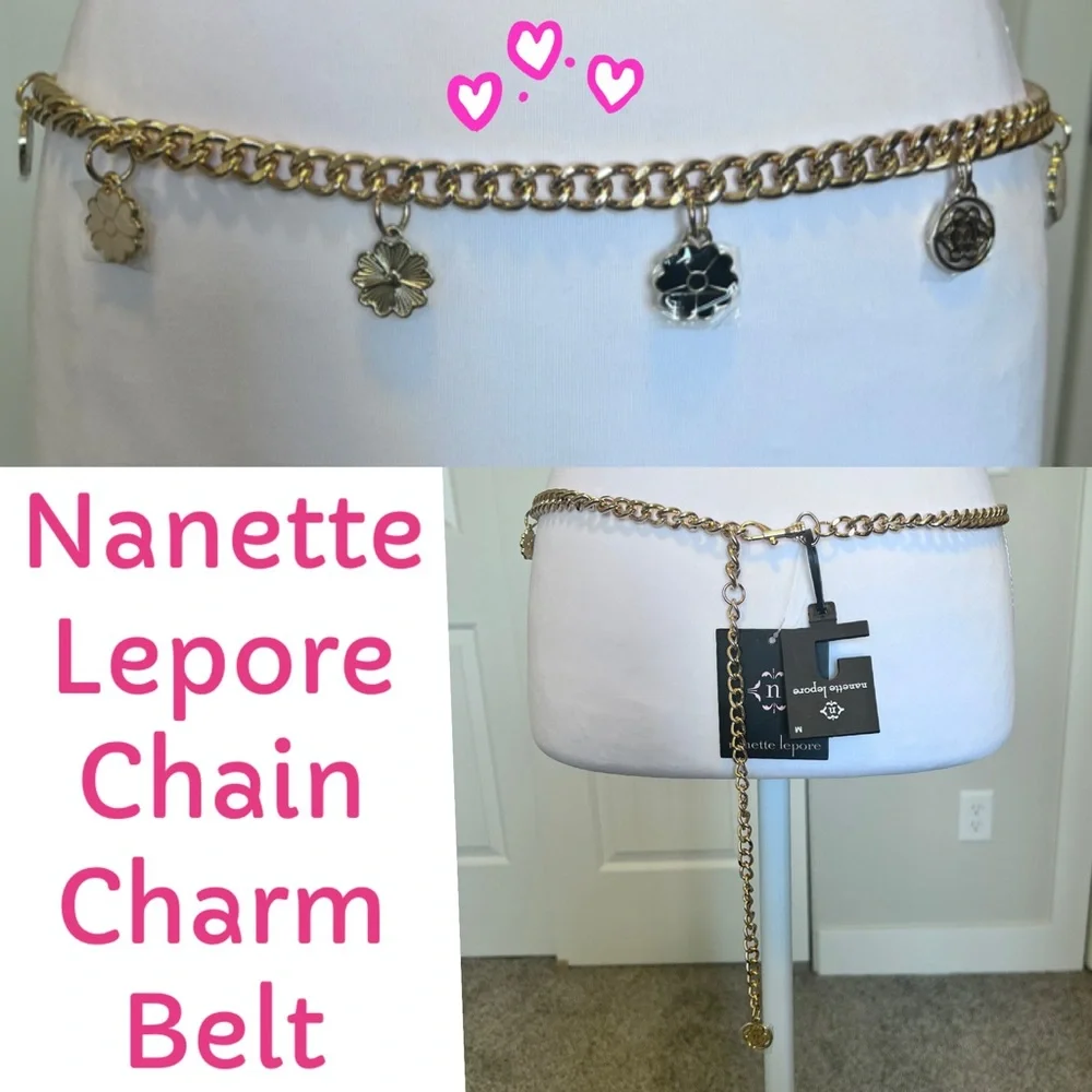 Nanette Lepore Gold tone Black Cream  Flower Charm Chain Belt NWT